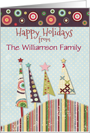 Happy Holidays Personlized Name Colorful Patterned Trees and Circles card