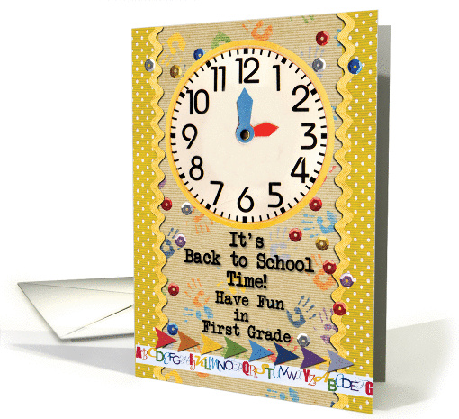 Back to School Time First Grade Fun Colorful School Clock card