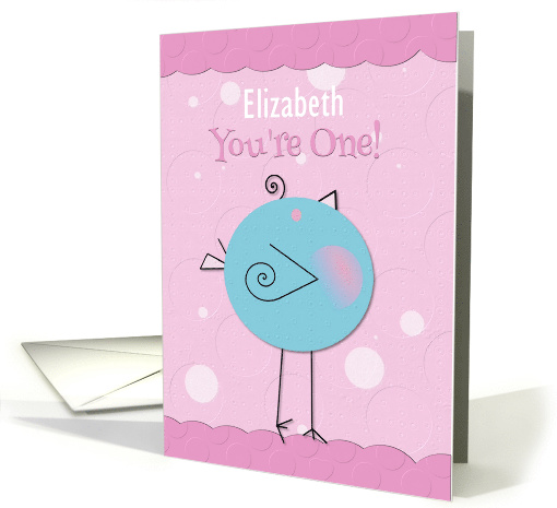 Happy First Birthday You're One Girl Custom Name Blue Birdie card