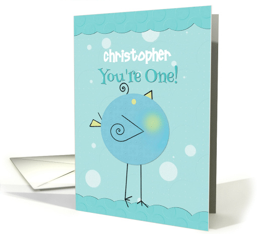 Happy First Birthday You're One Boy Custom Name Blue Birdie card