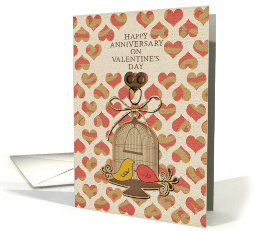 Happy Anniversary On Valentine's Day Lovebirds and Hearts card