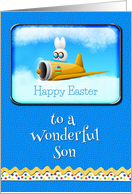 Happy Easter To A Wonderful Son Bunny Flying Plane card