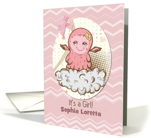 Baby Girl Announcement Custom Name Cute Pink Baby Monster card