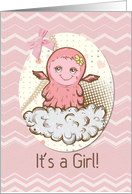 Baby Girl Announcement Cute Pink Baby Monster with Chevrons card