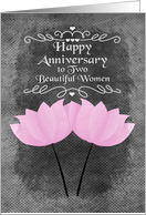 Happy Anniversary to Lesbian Couple Pink Flowers Chalkboard card