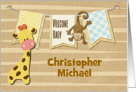 Baby Welcome Custom Name Giraffe and Monkey card
