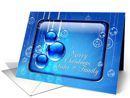 Merry Christmas Sister and Family Sparkling Blue Ornaments card