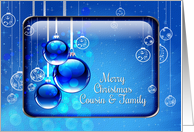 Merry Christmas Cousin and Family Sparkling Blue Ornaments card