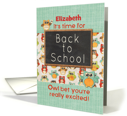 Student Custom Name Back to School Colorful Owls and Chalkboard card