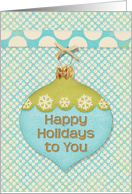 Happy Holidays Blue and Green Ornament with Snowflakes and Polka Dots card