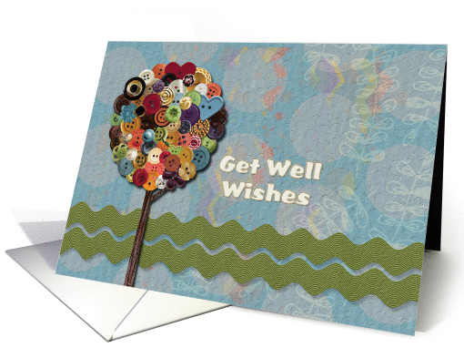 Get Well Wishes Button Tree and Ribbon Watercolor Effect card