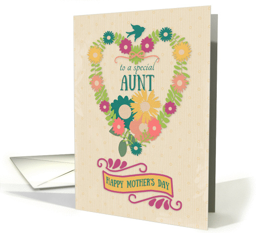 Happy Mother's Day Aunt Flower Heart with Bird and Ribbon card