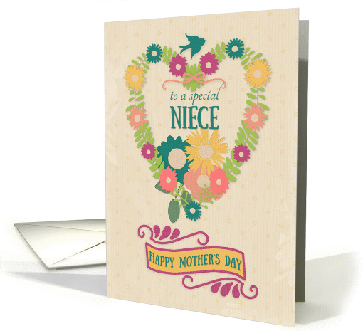 Happy Mother's Day Niece Flower Heart with Bird and Ribbon card