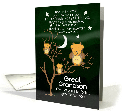 Get Well Soon Great Grandson for Kids Fantasy Animal Tiger Ow card