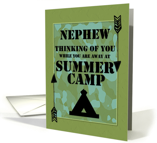 Thinking of You Nephew Away at Summer Camp Camo Arrows and Tent card
