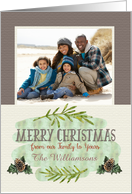 Merry Christmas Custom Name and Photo Our Family to Yours Pine Cones card