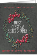 Merry Christmas to Sister & Family Berry Wreath Chalkboard Style card