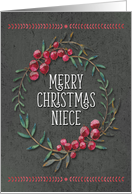 Merry Christmas Niece Berry Wreath Chalkboard Style Pretty Floral card