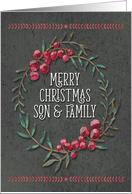 Merry Christmas to Son & Family Berry Wreath Chalkboard Style card