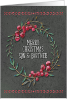 Merry Christmas to Son & Partner Berry Wreath Chalkboard Style card