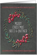 Merry Christmas to Niece & Partner Berry Wreath Chalkboard Style card