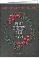 Merry Christmas to Niece and Wife Berry Wreath Chalkboard Style card