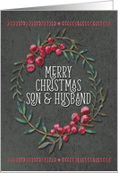 Merry Christmas to Son & Husband Berry Wreath Chalkboard Style card