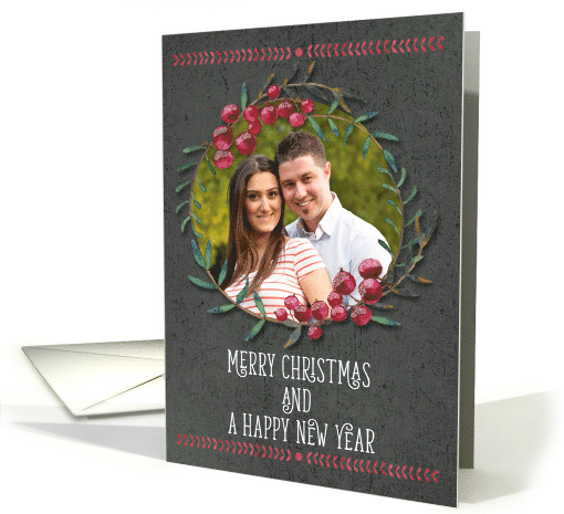 Merry Christmas & Happy New Year Berry Wreath Custom Photo card