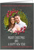 Merry Christmas & Happy New Year Berry Wreath Custom Photo Card