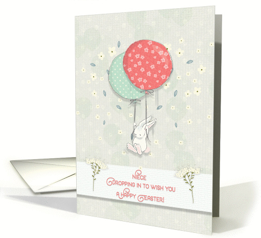 Happy Easter Niece Bunny Floating with Big Balloons Flowers card