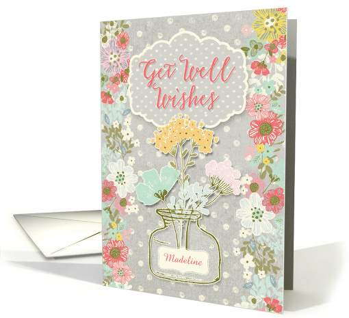Get Well Wishes Custom Name Pretty Flowers in Vase on Polka Dots card