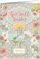 Get Well Wishes Custom Name Pretty Flowers in Vase on Polka Dots card
