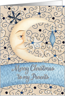 Merry Christmas to Parents Crescent Moon on Stars with Ornament card