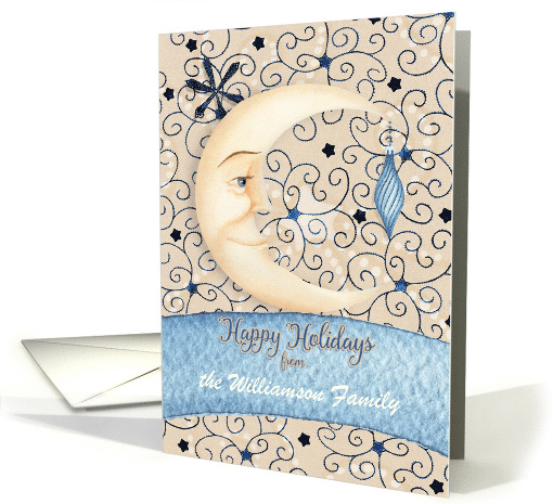 Happy Holidays Custom Name Crescent Moon, Stars, and Ornament card