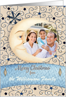 Merry Christmas Custom Name Crescent Moon & Stars, Custom Photo Card