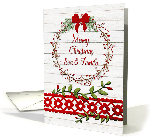 Merry Christmas to Son & Family Rustic Pretty Berry Wreath, Vines card