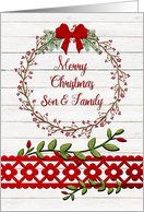 Merry Christmas to Son & Family Rustic Pretty Berry Wreath, Vines card