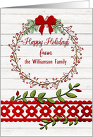 Happy Holidays Custom Name Rustic Pretty Berry Wreath, Vines card