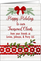 Happy Holidays to Treasured Clients Custom Name Business Rustic card