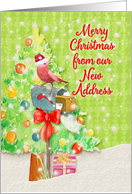 Merry Christmas from New Address Mailbox with Ribbon, Tree, & Present card