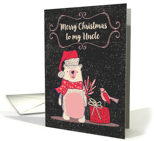 Merry Christmas Uncle Bundled Up Bear, Bird and Present with Snow card