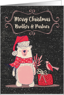 Merry Christmas Brother and Partner Bundled Up Bear, Bird and Present card