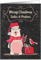Merry Christmas Sister and Partner Bundled Up Bear, Bird and Present card