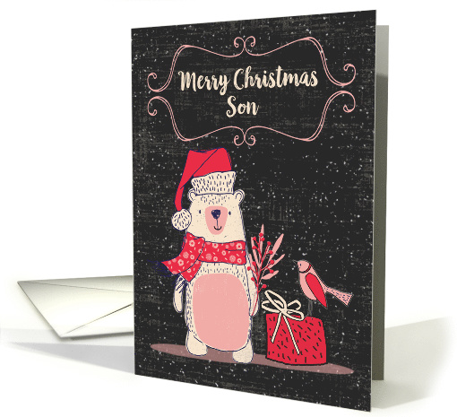 Merry Christmas to Son Bundled Up Bear and Bird with Snow card