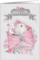 Happy Easter Cute Bird in a Pink Envelope with Flowers card