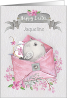 Happy Easter Custom Name Cute Bird in a Pink Envelope with Flowers card