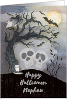 Happy Halloween Nephew Creepy Woods with Skulls Trees Bats card