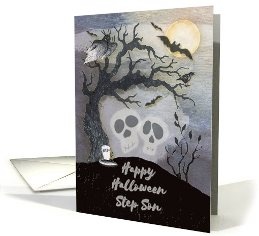 Happy Halloween to Step Son Creepy Woods with Skulls Trees Bats card