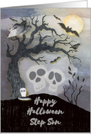 Happy Halloween to Step Son Creepy Woods with Skulls Trees Bats card