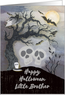 Happy Halloween to Little Brother Creepy Woods with Skulls Trees Bats card